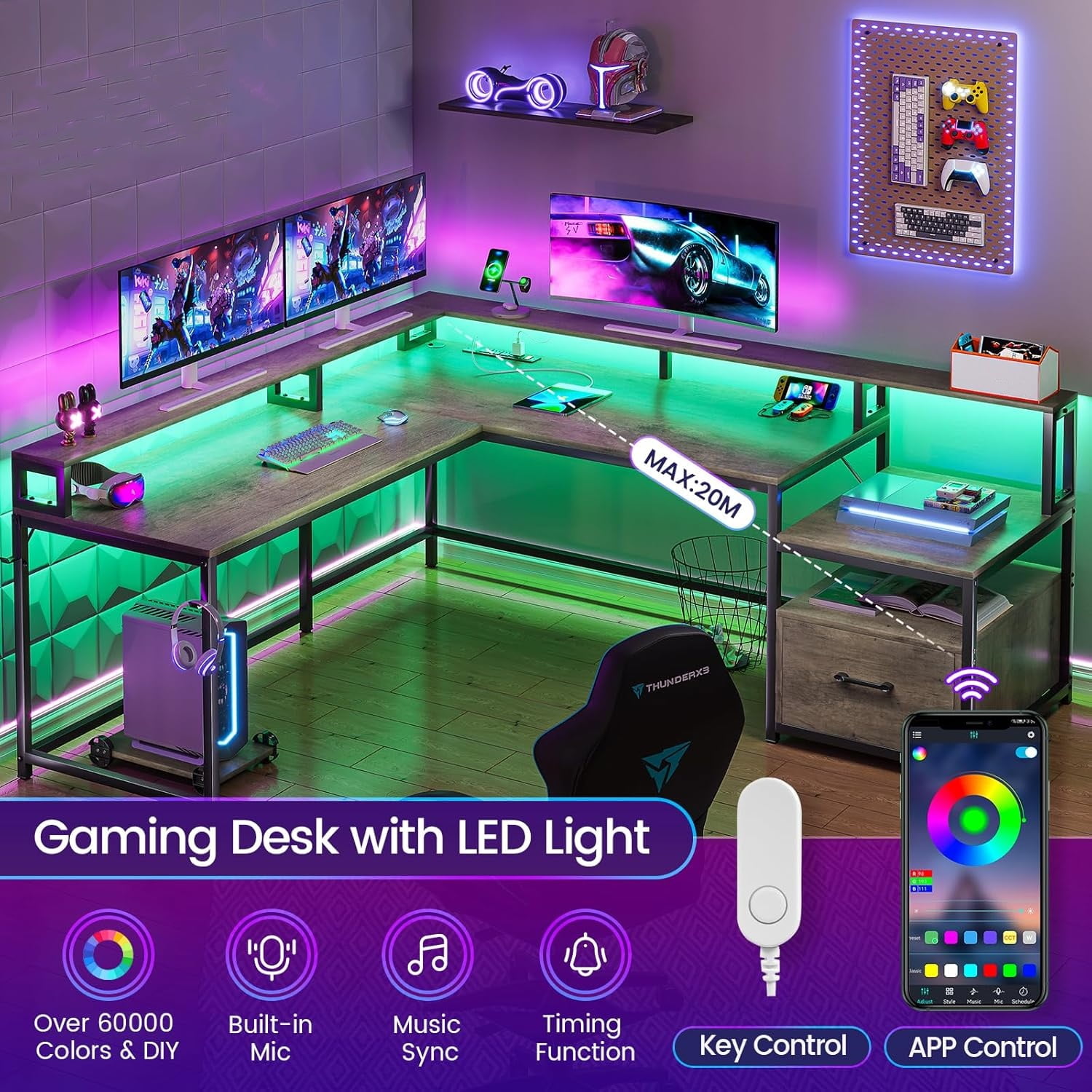 L Shaped Desk with Drawer and Power Outlet, 66" Home Office Desk Corner Computer Desk with Monitor Shelf, Printer Storage Shelves, Gaming Desk with Led Lights, Two Person Desk, Walnut