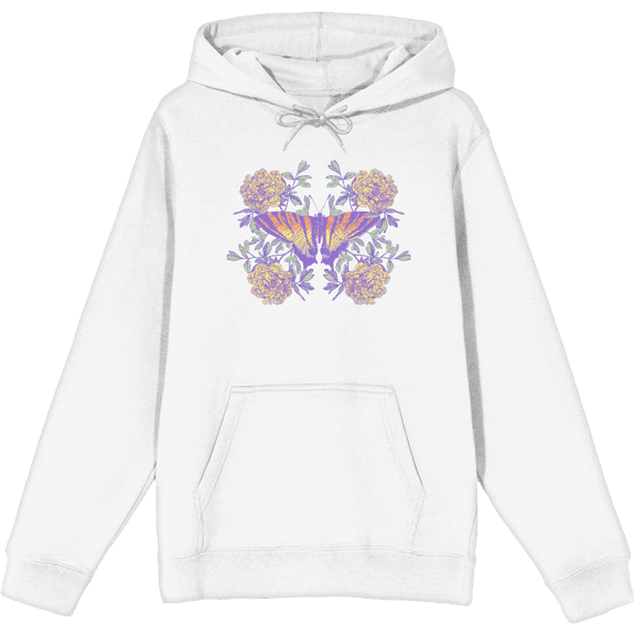 Vintage Floral Gradient Butterfly Adult White Long Sleeve Hoodie-XXL