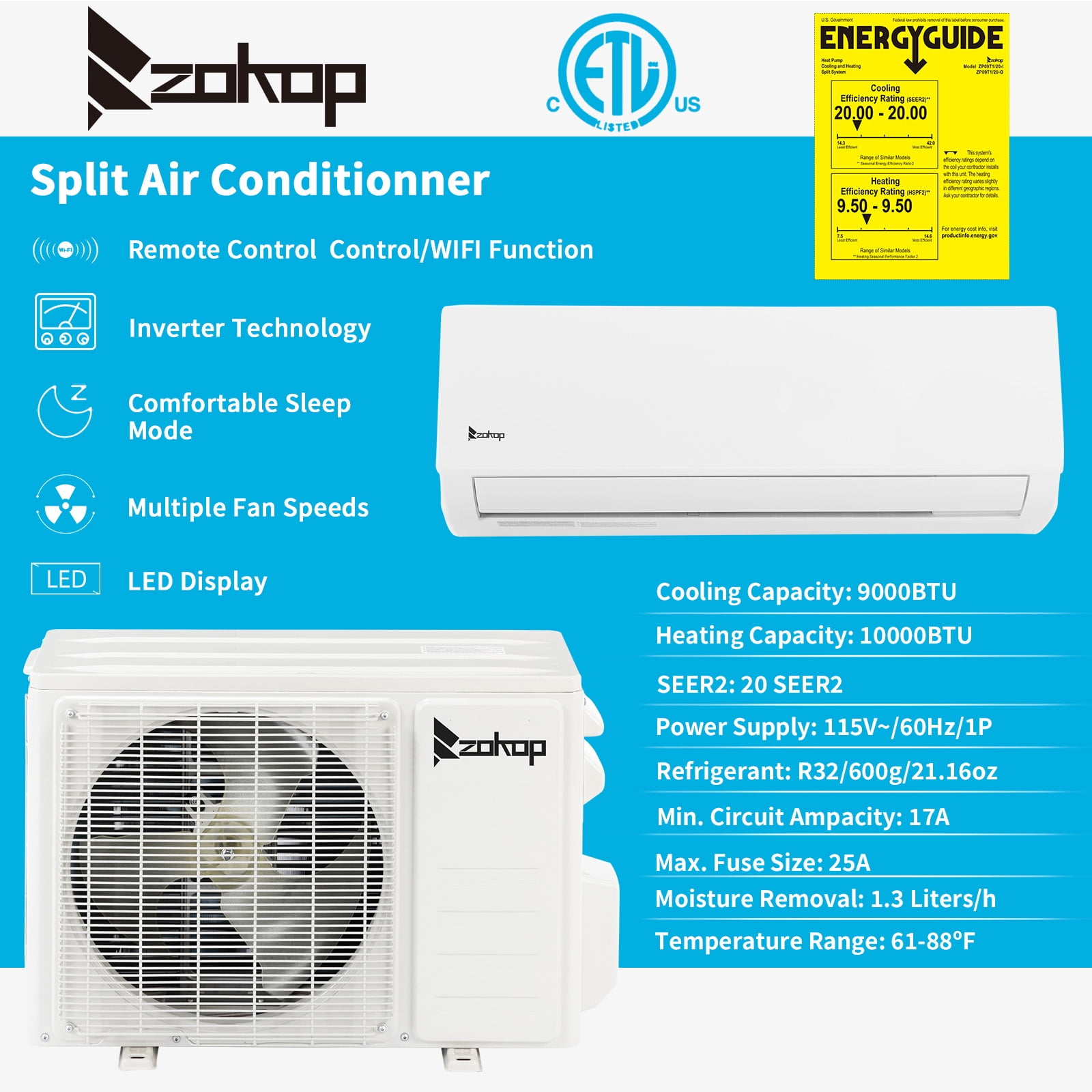 Ktaxon 9000 BTU Wifi Enabled Mini Split Air Conditioner & Heater with Inverter, 20 SEER2 Energy Saving 115V Ductless Split AC Unit with Pre-Charged Condenser, Heat Pump & Installation Kit