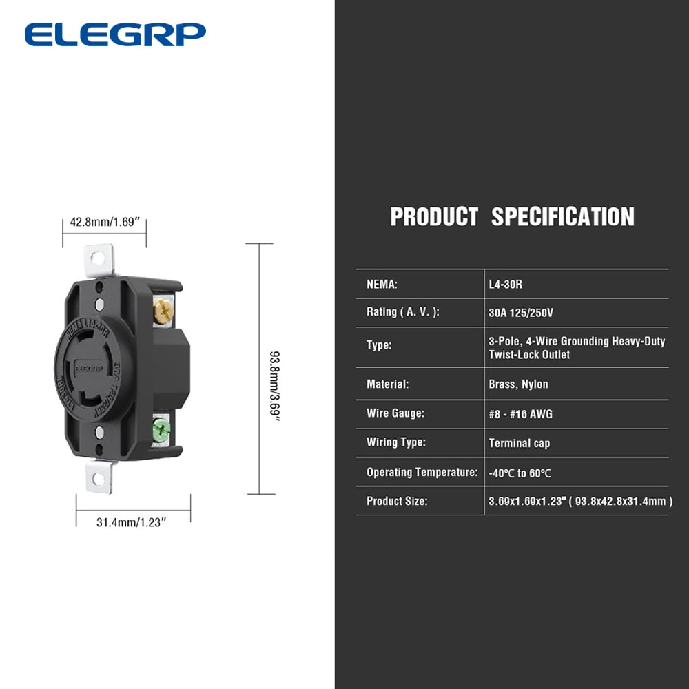 30 Amp 125/250V NEMA L14-30R Locking Receptacle, Industrial Grade Grounding Twist  Lock outlet, Black/White - Walmart.com