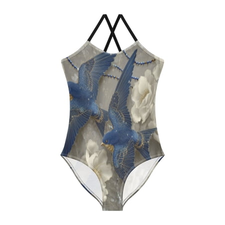 BZSMCE One-Piece Swimsuit with Crisscross StrapsBlue Wings & Roses Pattern