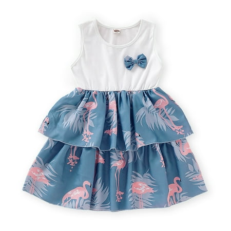 

2T Toddler Girls Dress Summer Dress Sleeveless Dress 3T Toddler Girl Sleeveless Flamingo Ruffled Layer Dress Blue