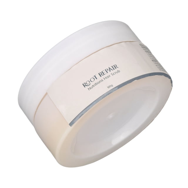 exfoliante para el cuero cabelludo anggrek tratamiento para aliviar la tensión del cuero cabelludo 100g bote redondo blanco y crema en vista 3/4 frontal, etiqueta visible en inglés, envase de plástico con tapa roscada, contenido aprox. 100g (3.5oz).