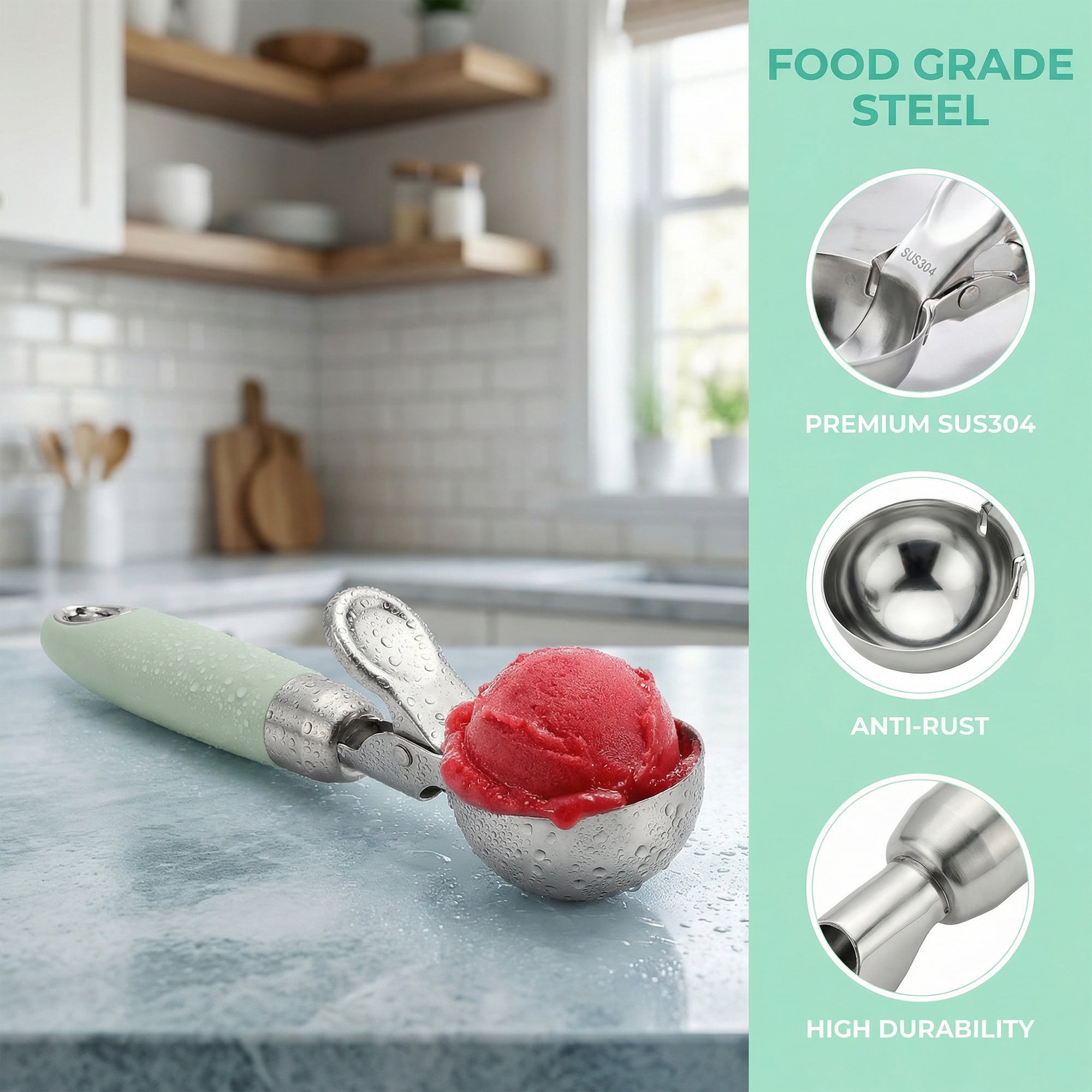 Unique Bargains Stainless Steel Ice Cream Scoop for Release Light Green 8in