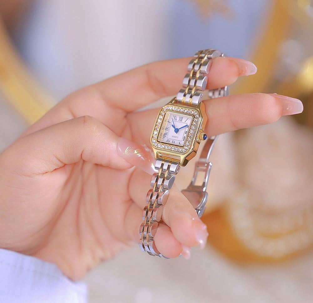 Gold Watches for Women Dainty Square Vintage Watches Luxury Ladies Diamond Accent Dress Stainless Steel Bracelet Watch Analog Quartz Waterproof Watch