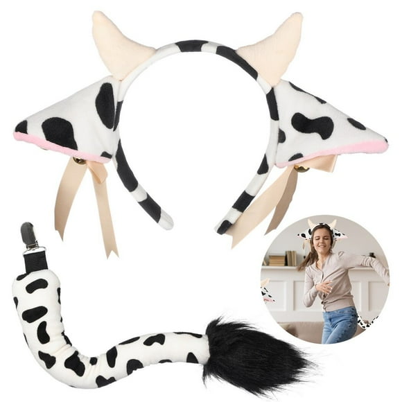Cow Ears and Tail Set, Cow Themed Costume Accessories Kit, Elastic Headband with Cow Ears Horns, Cute Headwear with Bells and Bow-Knots, Dress-up Accessories for Animal Themed Parties