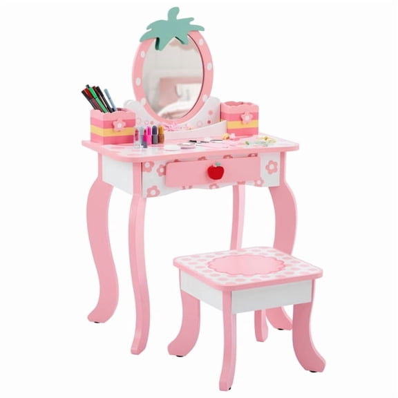 imerelez Kids Vanity Table Set with Drawer & 2 Storage Boxes, MDF Children's Dressing Table, Easy Assembly, for Girls Bedroom White Apple Design
