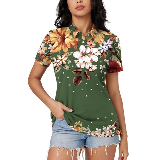Fiudx Camisas de Mujer Blusa con Botones y Cuello Vuelto de Manga Corta con Estampado Cómodo E Informal para Mujer a La Moda