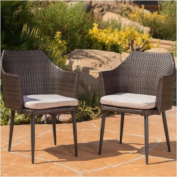 JERFIT 2-Piece Outdoor Patio Dining Chairs Set, Brown All-Weather PE Rattan Armchairs with Waterproof Cushions