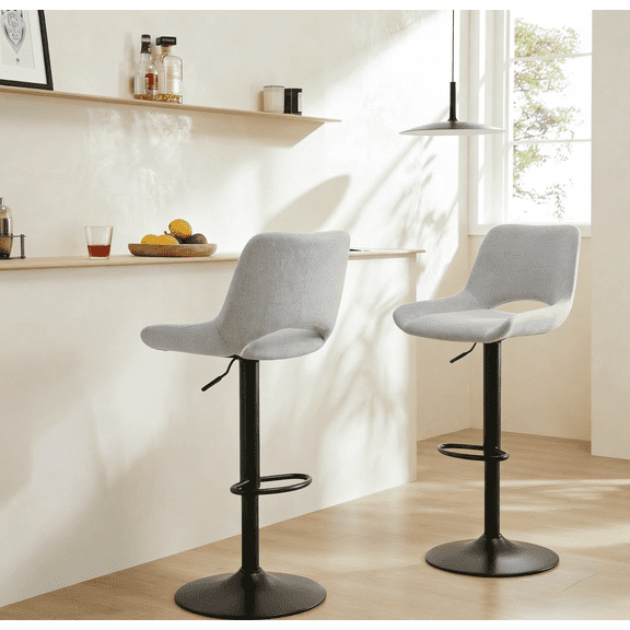 Hi loPres 360° Swivel Adjustable Bar Stools (Set of 2), Light Gray Linen Fabric Counter Stools with Backrest for Kitchen and Bar