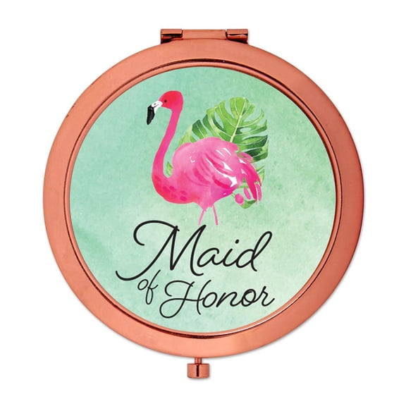 Koyal Wholesale Compact Mirror Maid of Honor Wedding Gift, Rose Gold, Tropical Pink Flamingo, 1-Pack