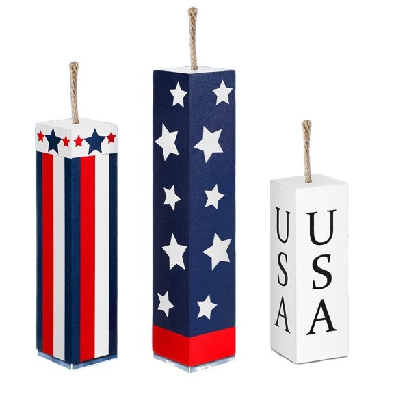 Patriotic Wooden Block Set 3-Pack Independence Day Decor MDF Rustic Wall Ornaments Living Room Americana Decorations Fireplace Mantel Accents