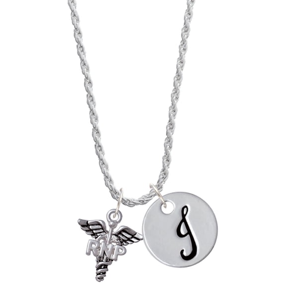 Delight Jewelry Silvertone Caduceus - RNP Silvertone Script Initial Disc - J - Charm Necklace, 20"+3"