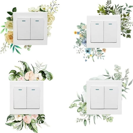 8 Sheets Green Plant Switch Sticker Flower Leaf Wall Decals Removable Tropical Fresh Plants Light Switch Decor Decorative Art Murals for Living Room Bedroom Bathroom Kitchen Decoration