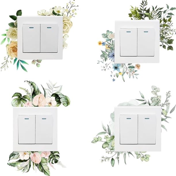 8 hojas de pegatinas para interruptores de plantas verdes, calcomanías de pared con hojas y flores, extraíbles, plantas tropicales frescas, decoración para interruptores de luz, murales de arte