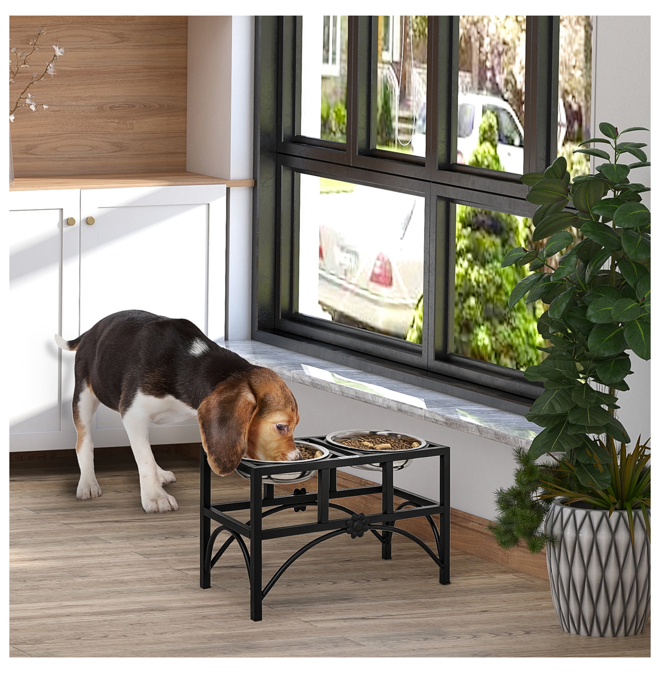 Double Dog Bowl Elevated Feeder - 17" Stainless Steel Pet Food Water Bowls - Heavy Duty Non-Slip Elevated Feeding Station for Dogs & Cats