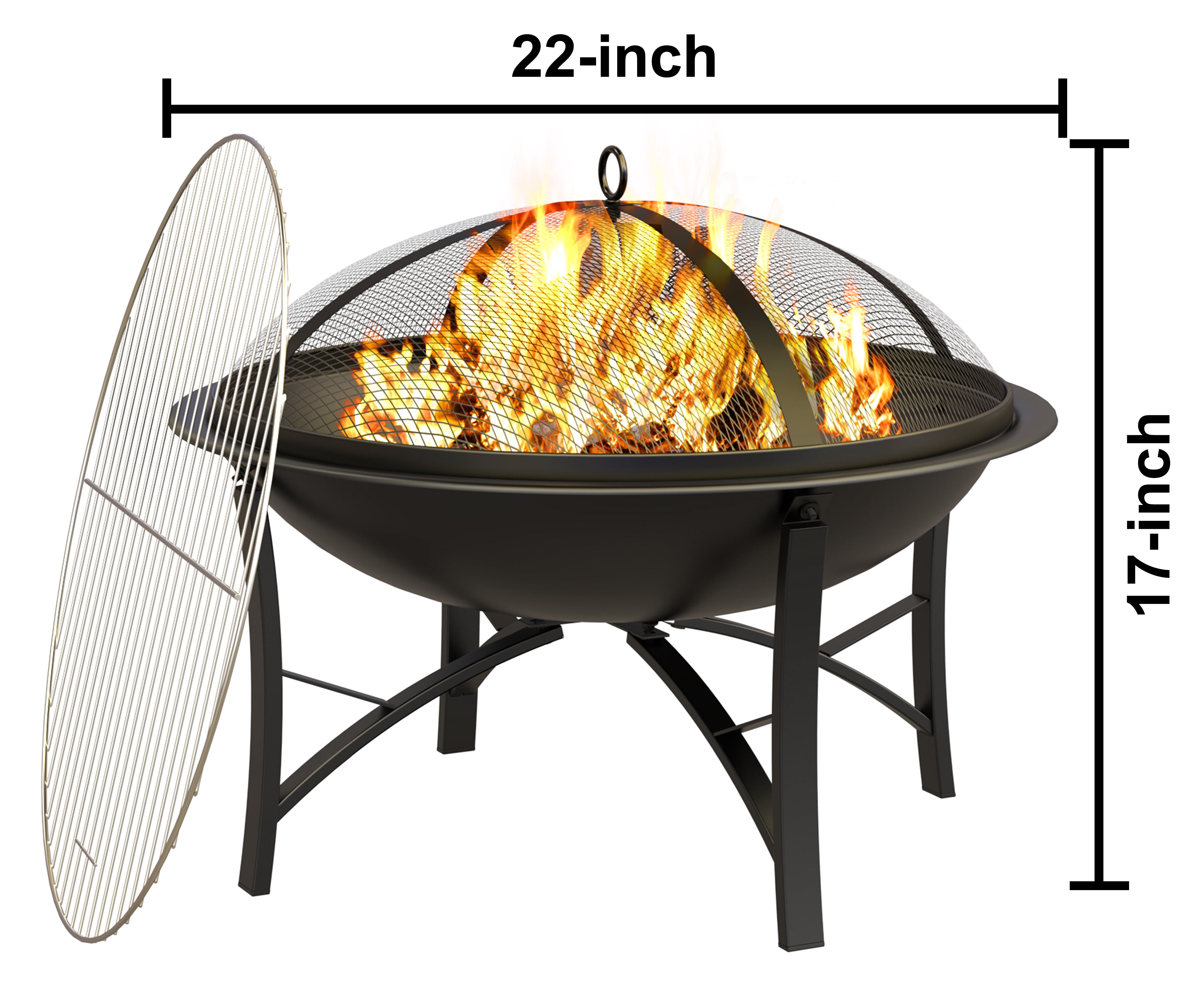 Fire Beauty 22" Outdoor Fire Pit – Heavy Duty Steel Wood Burning Fire Bowl with Cooking Grate & Spark Screen – Includes Log Grate & Poker for Camping, Beach, Backyard (Black)​