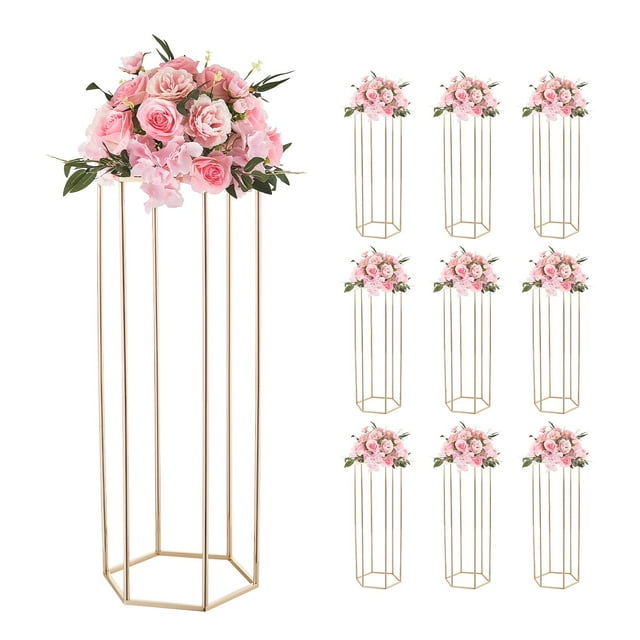 VEVOR Wedding Flower Stand, 10PCS 31.5-inch Column Flower Stand, Floral Stands with Acrylic Laminate, Hexagonal Cubic Floral Display Rack for Wedding, Party, Birthday, Home, Gold Centerpiece Stands