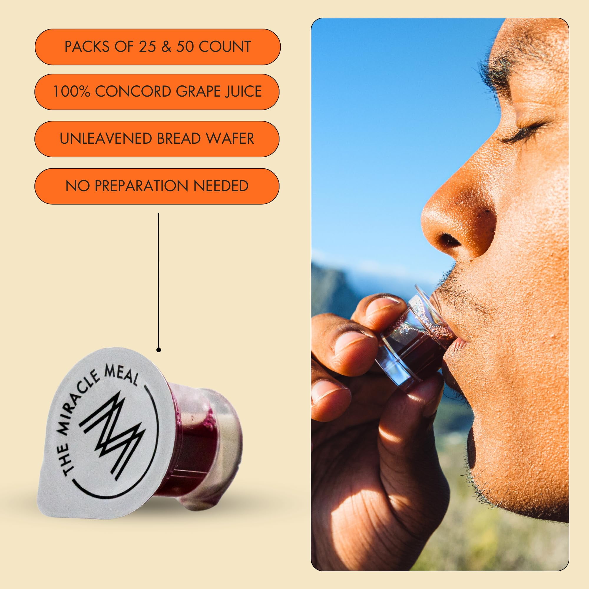 Travel Pack: The Miracle Meal Pre-Filled Communion Plus+ Cup - Bag of 50 with Wafer & 100% Grape Juice