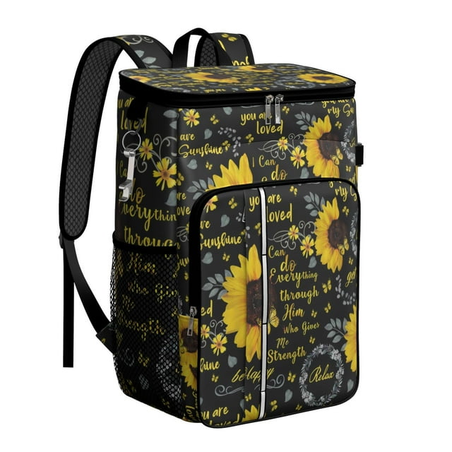 Sac à Dos Glacière Motif Tournesol et Papillon - Sac à Dos de Pique-Nique Isolé et Étanche 20 L pour la Randonnée, la Plage et le Voyage, Esthétique Florale Jaune