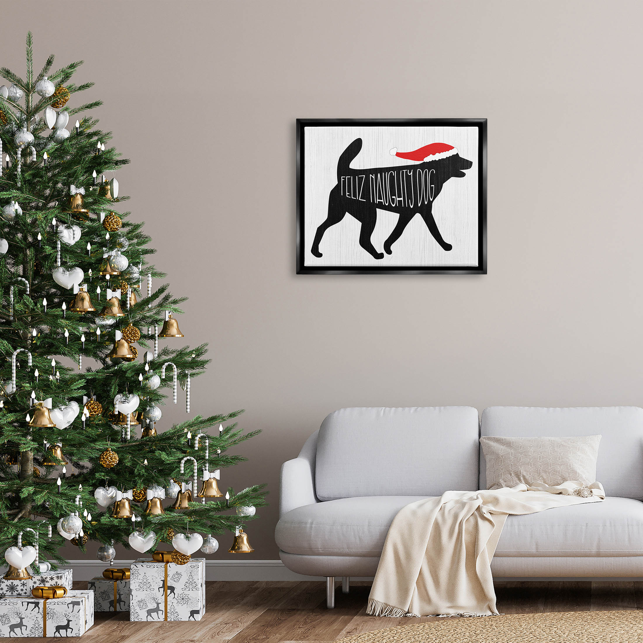 Feliz Naughty Dog Funny Pet Holiday Graphic Art Jet Black Framed Art Print Wall Art