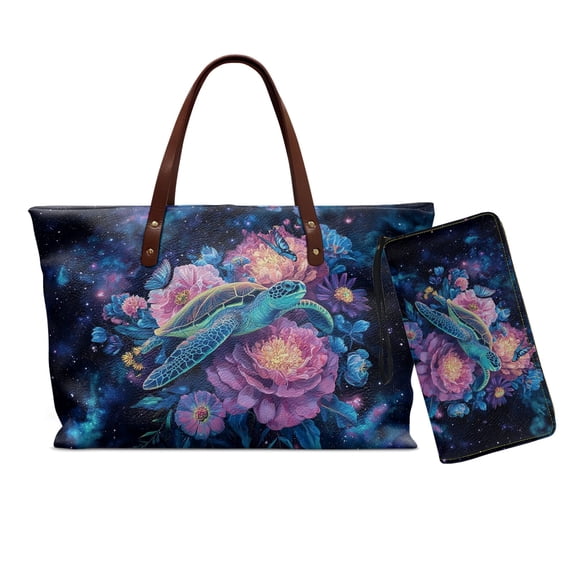 DISNIMO Sea Turtle Print Handbag and Wallet Set Flower Butterfly Print Tote Shoulder Bag with Wrist Strap Wallet Portable Leather Top Handle Purse