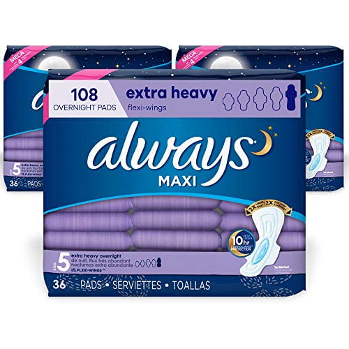 Always Maxi Feminine Pads with Wings for Women, Size 5, Extra Heavy Overnight, 108 Count, FSA