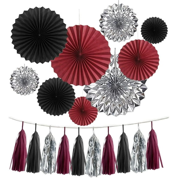 24PCS Maroon Decorations Burgundy Black Silver Party Decor Tassel Garland Banner Paper Flower Fans Streamers Wall Hanging Backdrop Graduation Wedding