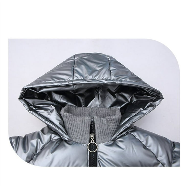 Kids Lightweight Packable Water Resistant Puffer Jacket with Hood in Silver Size 4