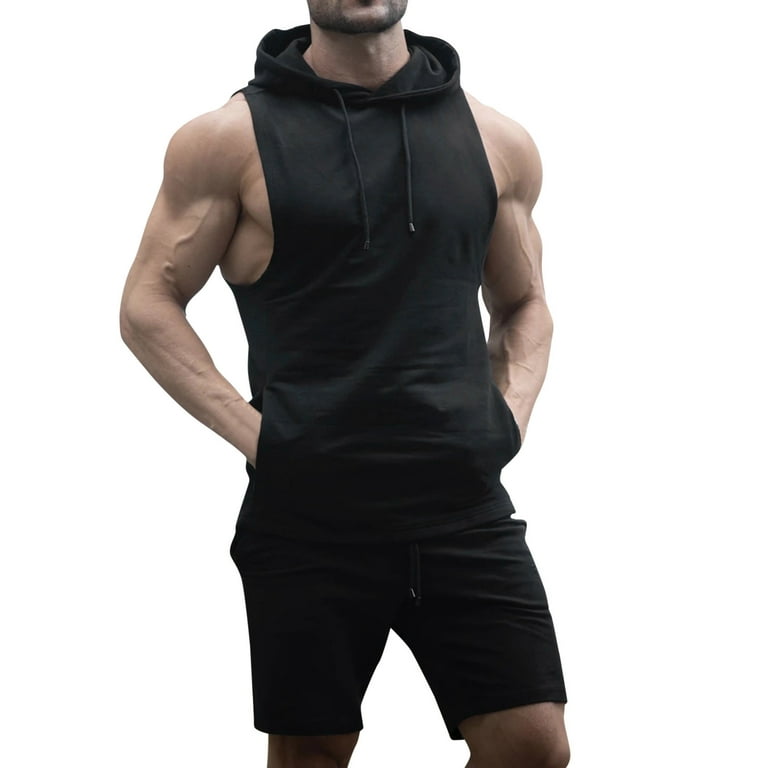 RYRJJ Men's Tracksuit 2 Piece Outfits Hooded Tank Tops Athletic Sweatsuit  Sleeveless Casual Muscle Sports Hoodie T Shirts Shorts Set(Black,L) 