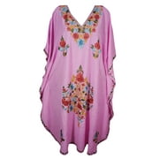 Mogul Pink Womens Kashmiri Caftan Floral Hand Embroidered Beach Cover Nightwear Maxi Dress