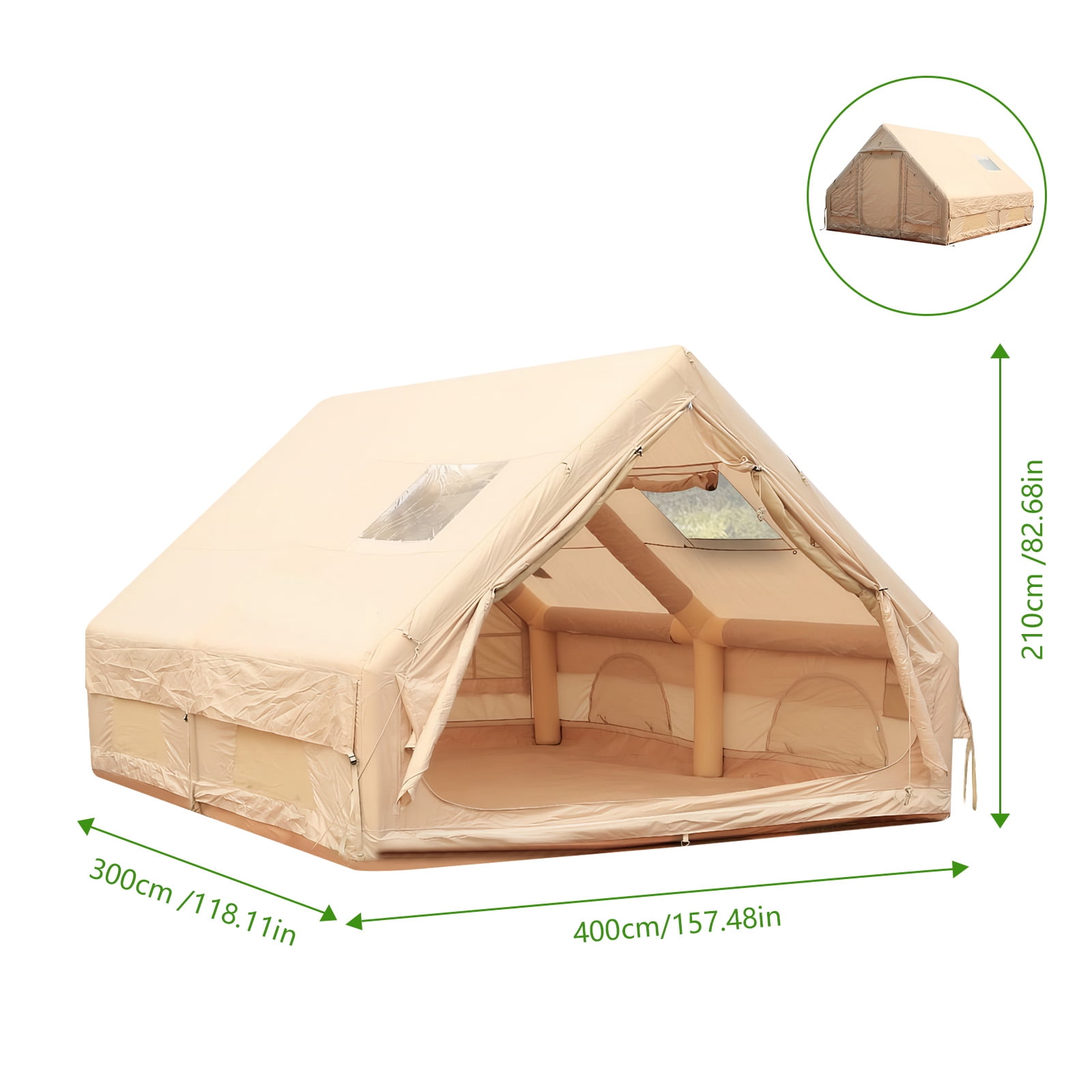 Qiyester Inflatable Camping Tent Waterproof Outdoor Cabin House with Hand Pump Doors Mesh Windows 4 Season 129 sq.ft No Assembly Needed