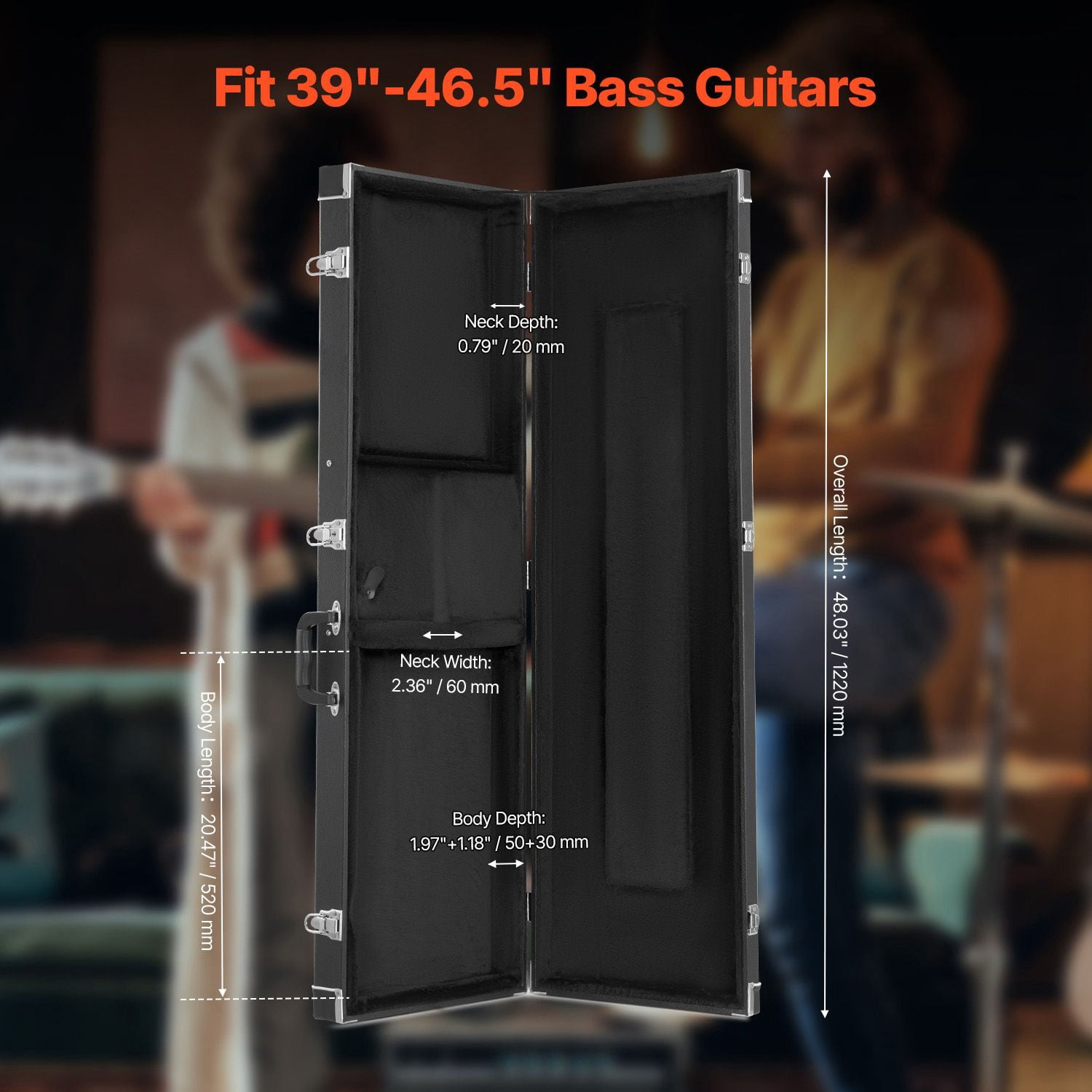Bass Guitar Hard Case, 48.03 in Rectangular Guitar Hard Case, With Lock Latch Keys Handle, PVC Padding Soft Lining Water-Resistant Hard Shell Guitar Cases, for 39-46.5 in Bass Guitars, Black