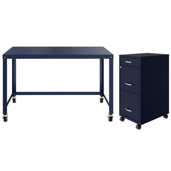 Home Square 2-Piece Set with Mobile Desk & 3 Drawer File Cabinet in Navy