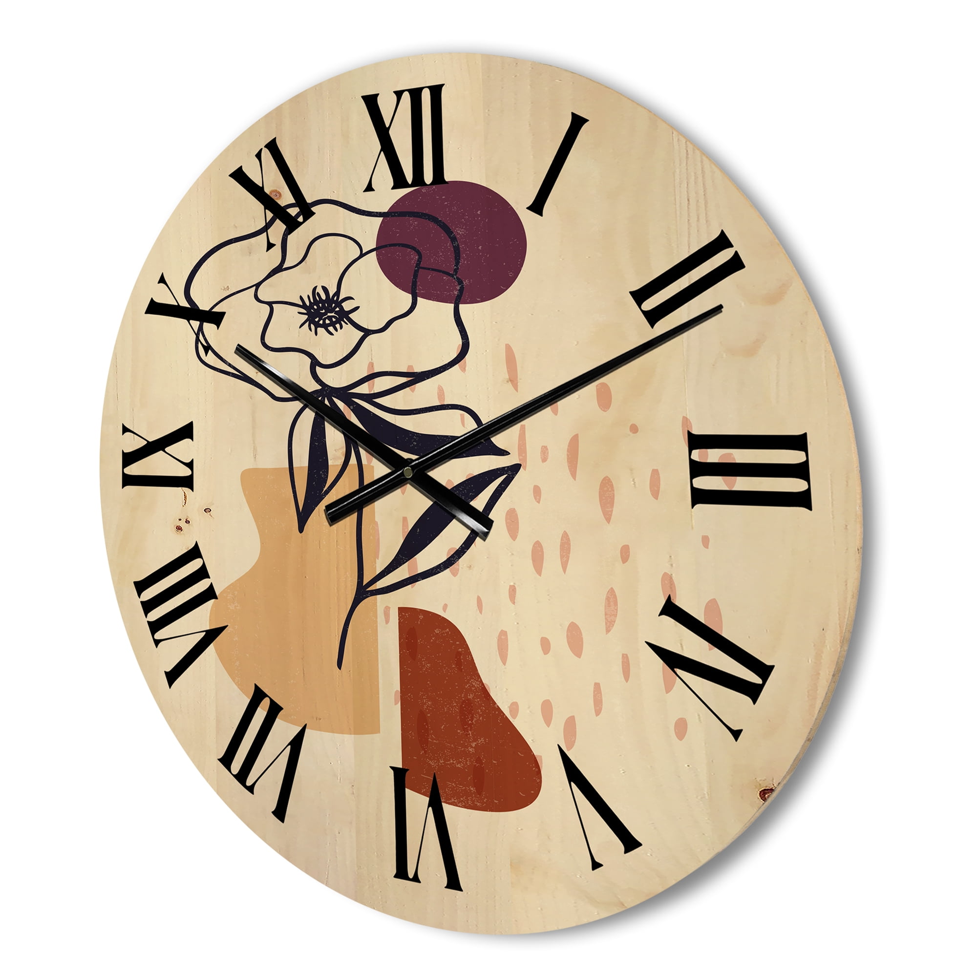 Designart 'Minimalist Shapes With Ancient Flower I' Modern Wood Wall Clock