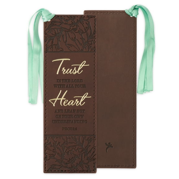 Christian Art Gifts Faux Leather Bookmark: Trust in the Lord - Proverbs 8:5 Inspirational Bible Verse, Brown with Satin Ribbon