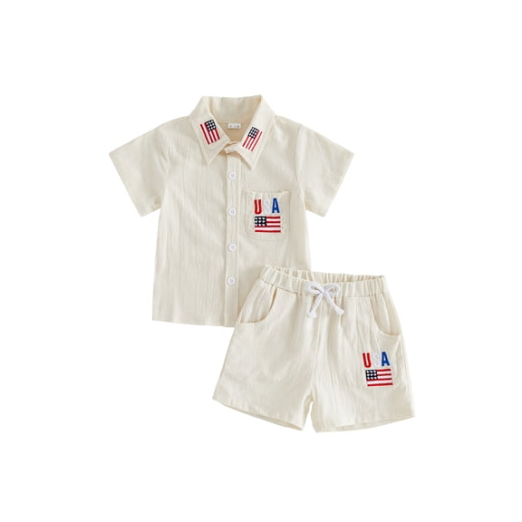 BemeyourBBs Kids Toddler Baby Boy 4th of July Outfit Patriot Fourth of July Outfs Baby Boy Independent Day Summer Clothes USA Flag Embroidery Short Sleeve Shirt with Elastic Waist Pockets Shorts Set