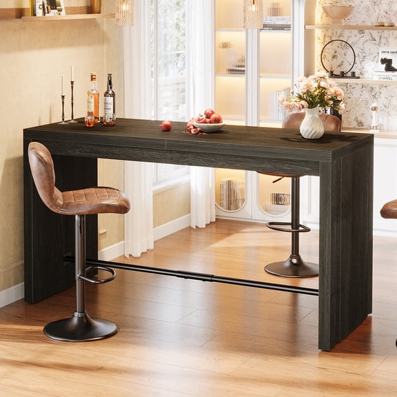 Finmind 63-inch Long Bar Table, Industrial Counter Height Pub Dining Table with Metal Footrest, Home Bar Unit for Kitchen, Bistro, Basement, Black