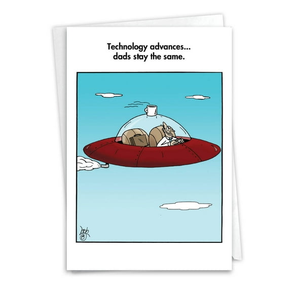 Funny Father's Day Greeting Card with 5 x 7 Inch Envelope (1 Card) Dad Cup On Saucer - Bearded Dad Driving Spaceship