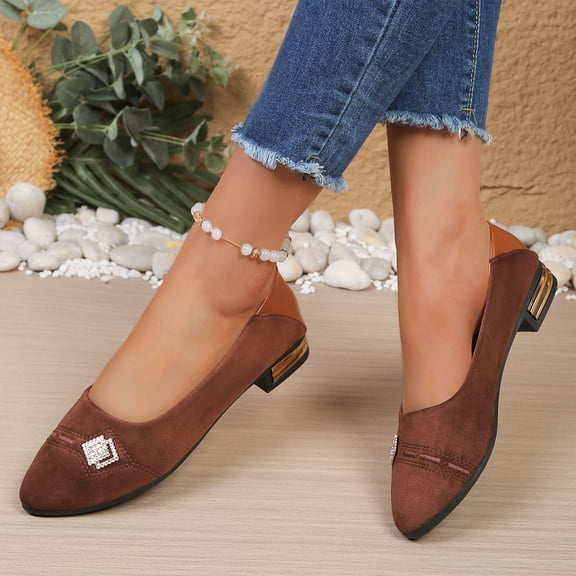 Women's Wide Width Flat Shoes Pointed Toe Suede Slip On Office Ballet Flats Brown 7