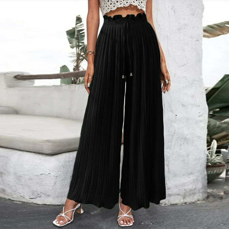 HAPIMO Rollbacks Wide Leg Pleated Pants for Women Teens Fall Fashion Outfits  Draped Elastic High Waist Womens Loose Drawstring Straps Trousers Casual  Comfy Pants Solid Color Black XL 