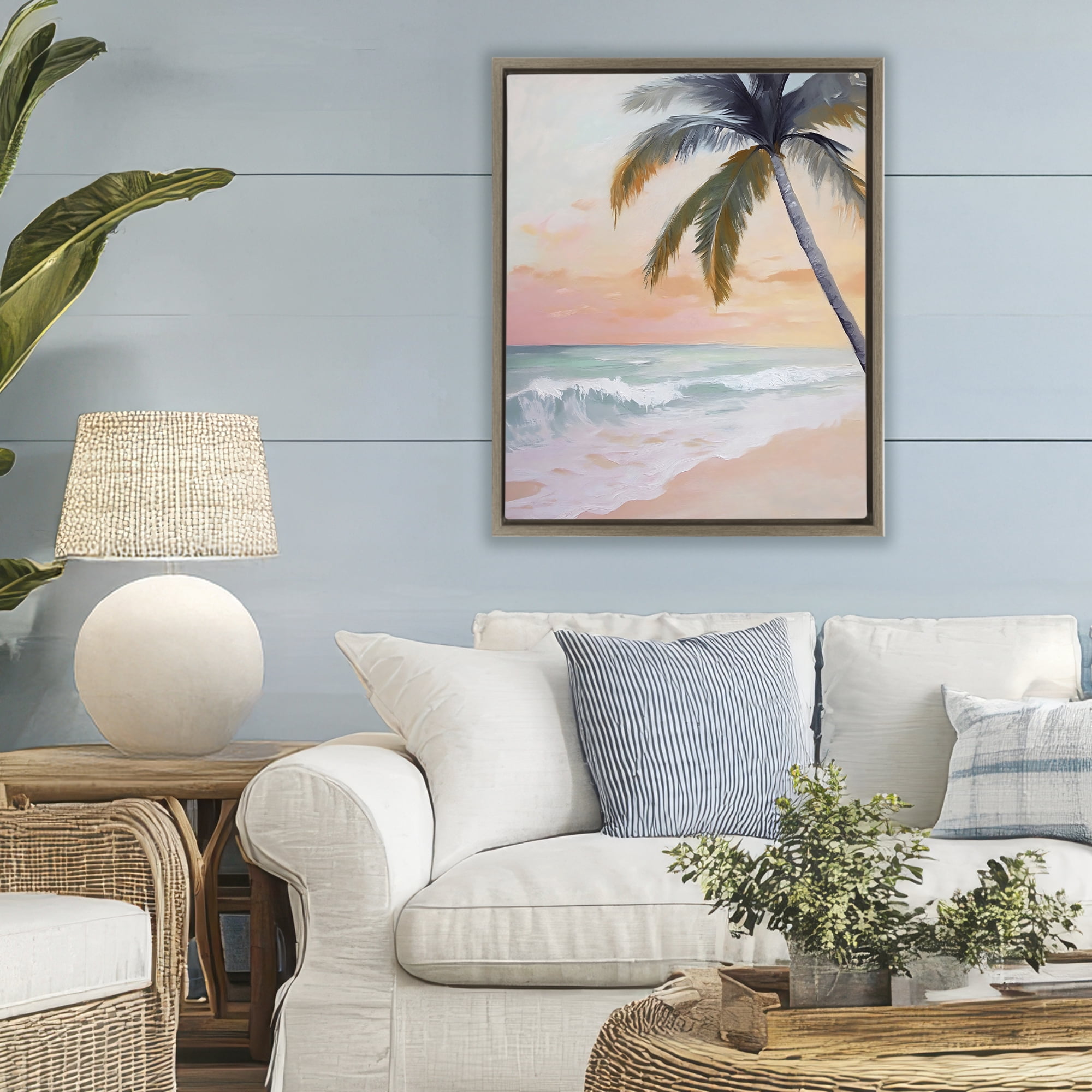 Stupell Industries Tranquil Sunset & Beach Palm Brown Framed Floater Canvas Wall Art, design by Creative Studio