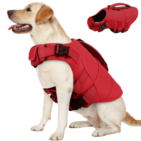 IDOMIK Dog Life Jacket with Reflective Strips, Adjustable Swimming Vest High Flotation Pet Lifesaver for Medium Dogs, Red, M