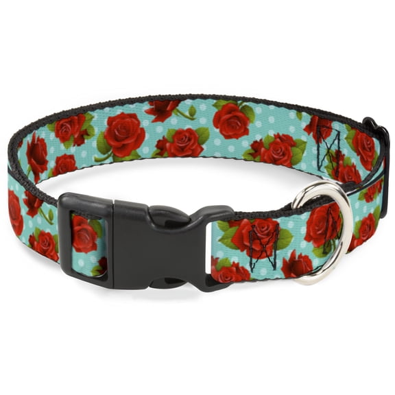 Buckle-Down Pet Collar, Dog Collar Plastic Buckle, Red Roses Polka Dots Turquoise, 7 to 8.5 Inches 0.5 Inch Wide