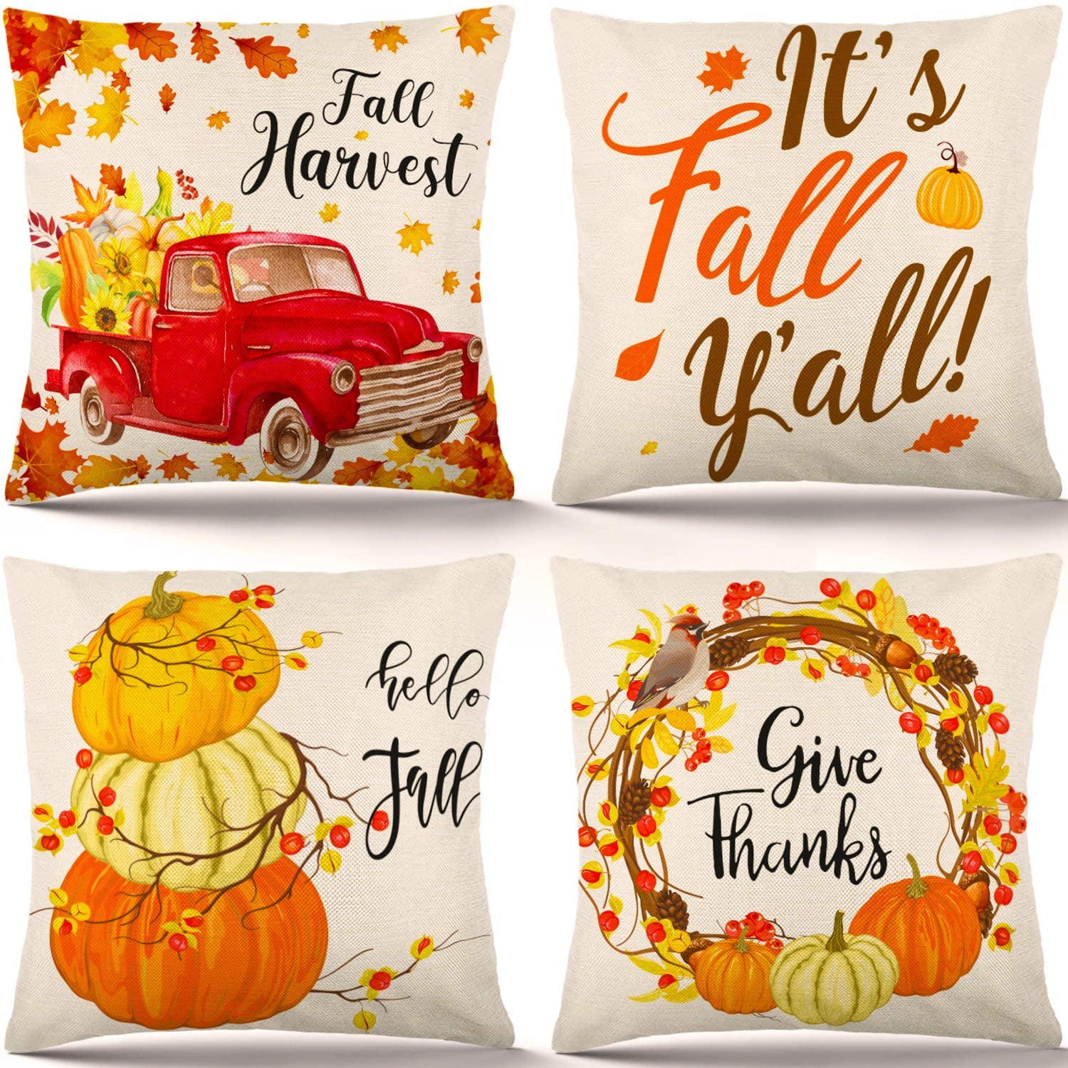 Fall Decor Throw Pillow Covers 18 X 18 Inch Set of 4 Thanksgiving Pumpkin Cushion Covers Linen Fabric Pillowcases Farmhouse Decorations for Home Sofa Bedroom Car