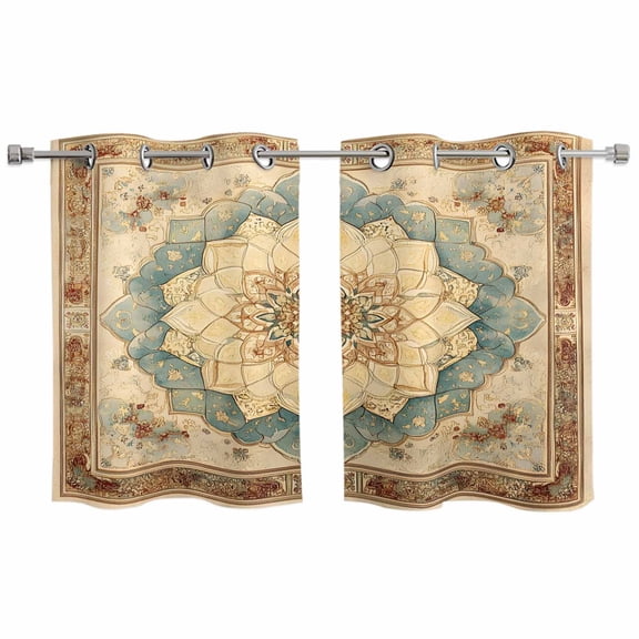 Brown Teal Floral Kitchen Curtains Small Short 39 Inch Length, Vintage Botanical Ethnic Boho Grommet Top Bedroom Living Room Curtains, Light Filtering Cafe Curtain Drapes 2 Panels Set 55''x39''