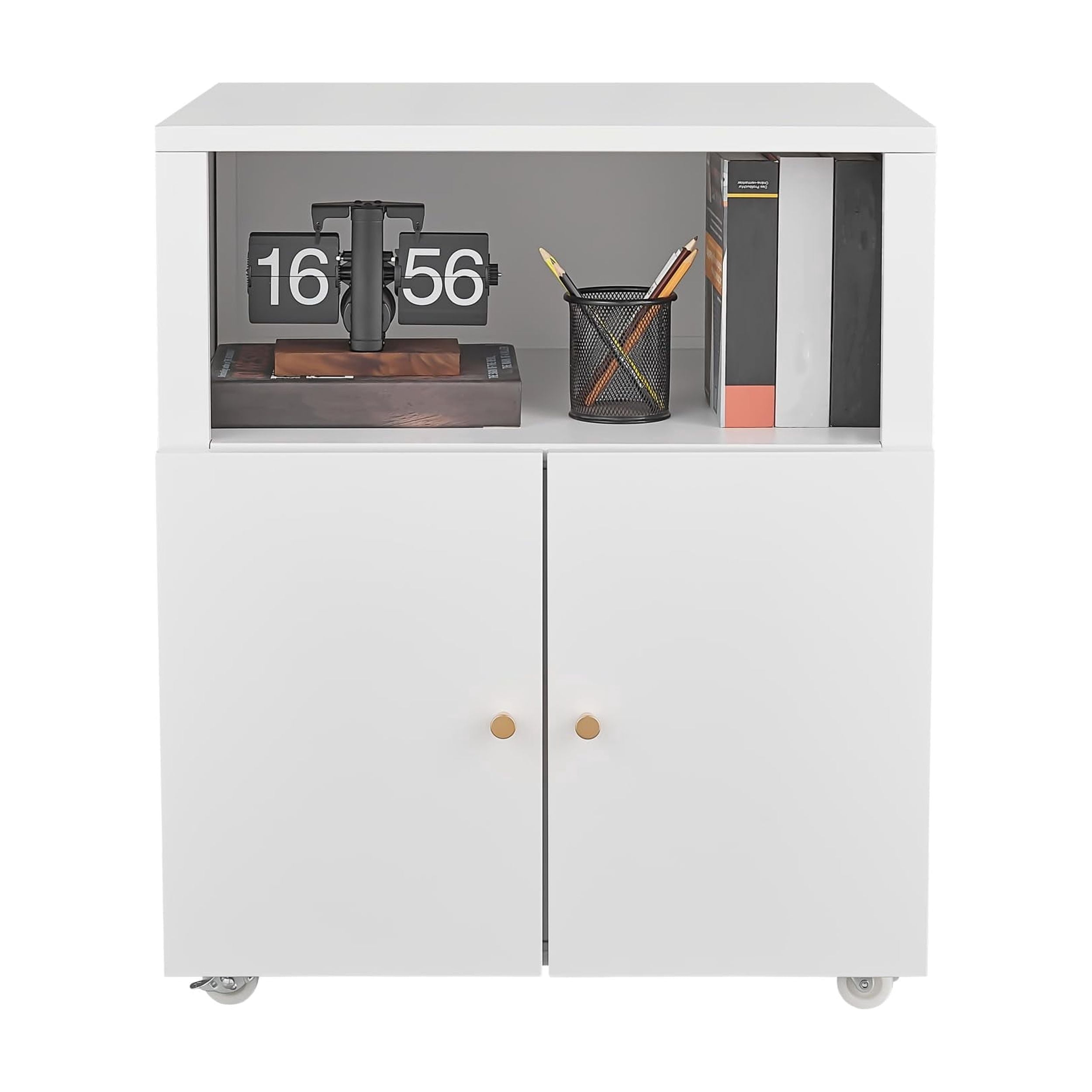 Metal Printer Cabinet with Storage, Heavy Duty Rolling 3D Printer Stand with 2 Doors, Under Desk File Cabinet for Home Office Corner and Small Spaces, White