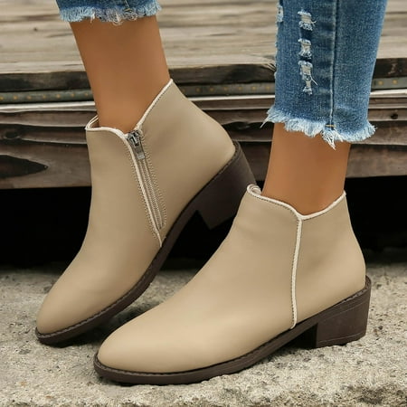 

Ovzne Platform Boots Ladies Boots Vintage Women Slip On Ankle Boots Pointed Toe Round Head Thick Heel Short Shoes Clearance