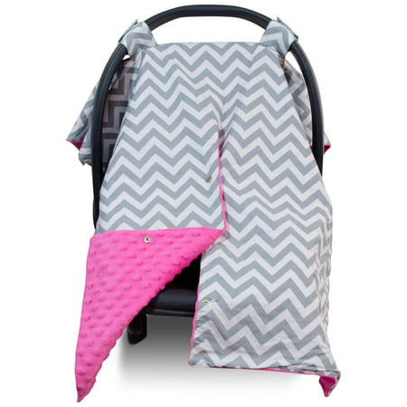Kids N' Such 2 in 1 Car Seat Canopy Cover with Peekaboo Opening™ - Large Carseat Cover for Infant Carseats - Best for Baby Girls - Use as a Nursing Cover - Chevron with Hot Pink Dot