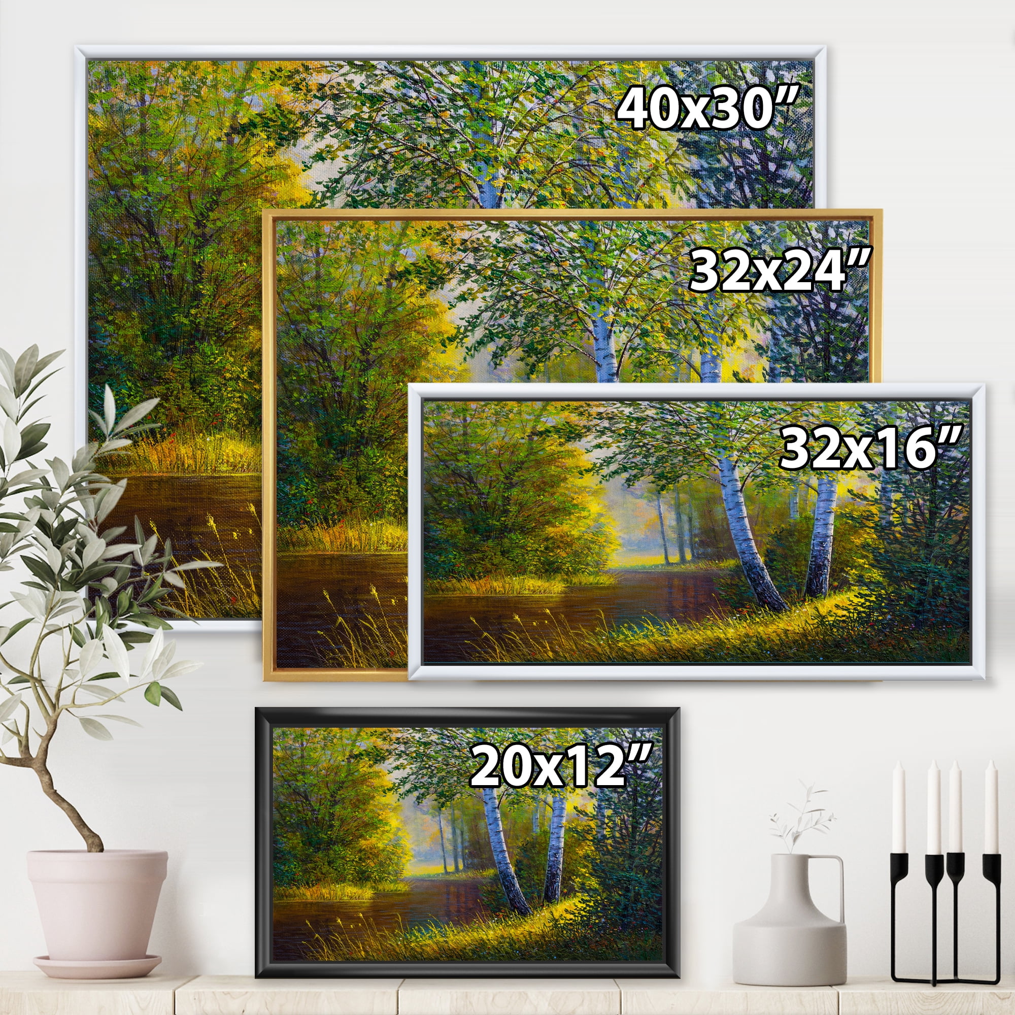 Designart 'Sunrise Glow Through The Birches II' Lake House Framed Canvas Wall Art Print
